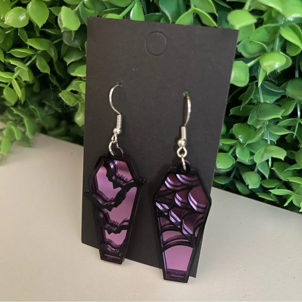 Coffin Bats and Webs Dangling Earrings Halloween purple and black NEW